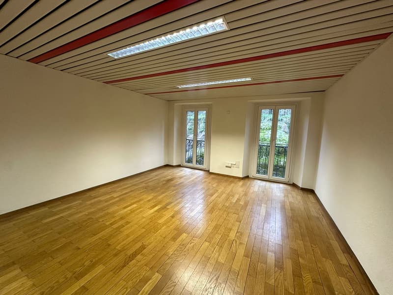 empty room, wooden floor, white walls, two glass doors with balconies, ceiling with red stripes and lights