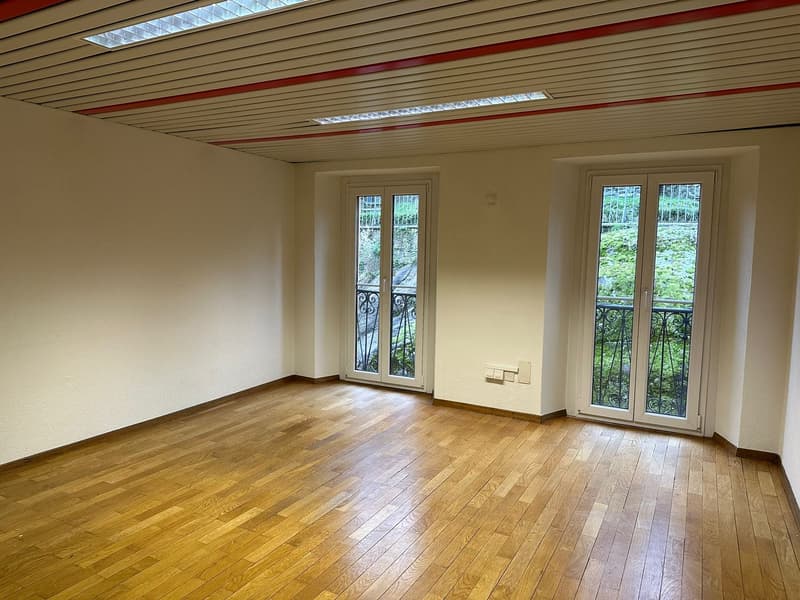 empty room, wooden floor, white walls, two glass doors leading to balcony, ceiling with red trim