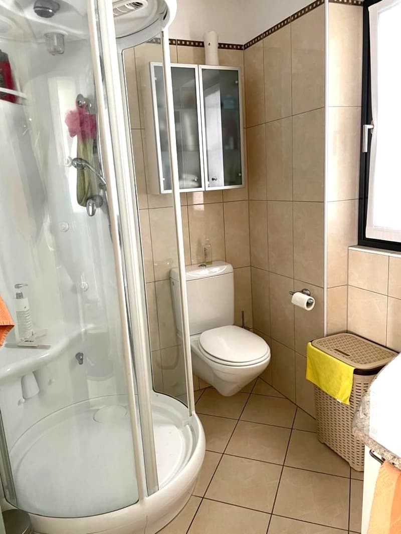 Bathroom with a shower, toilet, sink, and storage cabinet