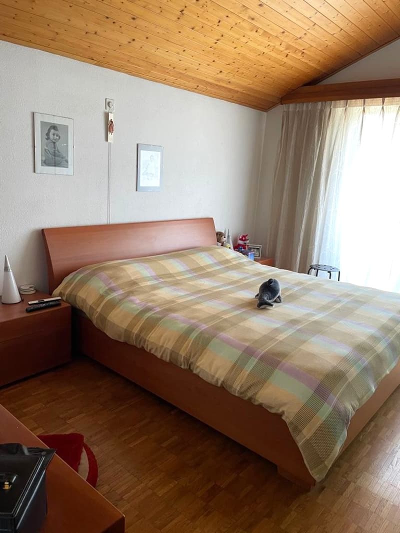 Bedroom with wooden bed, wooden nightstands, wooden floor, wooden ceiling, white walls, two picture frames, white curtains, stuffed toys, remote control, cat toy