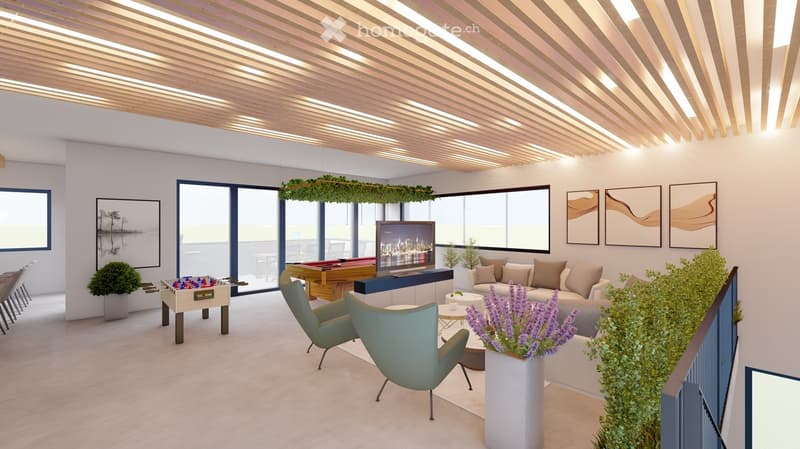 wide living room with modern decor, billiard table, large windows, tv, modern lighting, plants, furniture