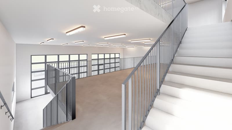 Metal staircase with glass railings, modern design, white marble steps, ample lighting, large glass windows