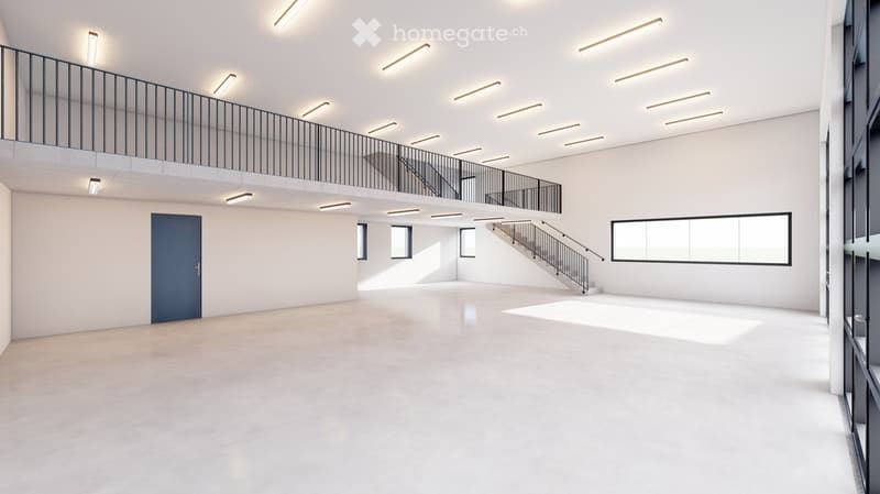 empty room, high ceiling, balcony, stairs, large windows