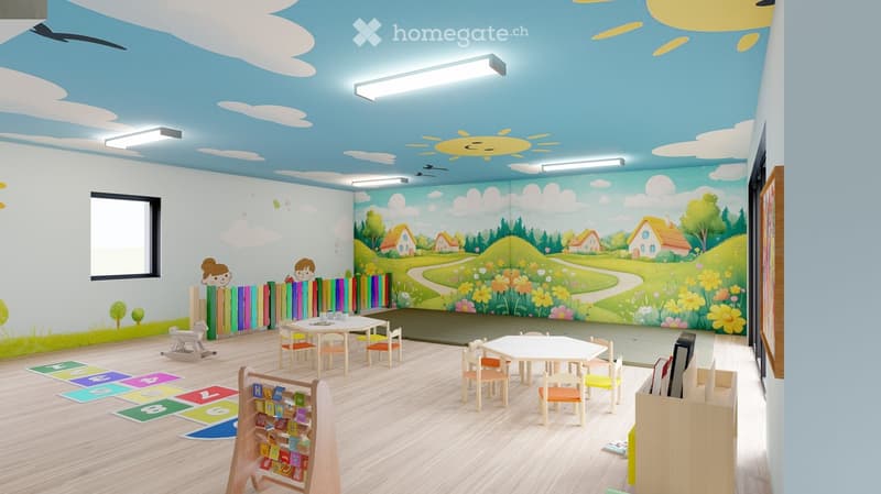 Kids room with a white table and orange and yellow chairs, carpet, painted murals, and wall decorations