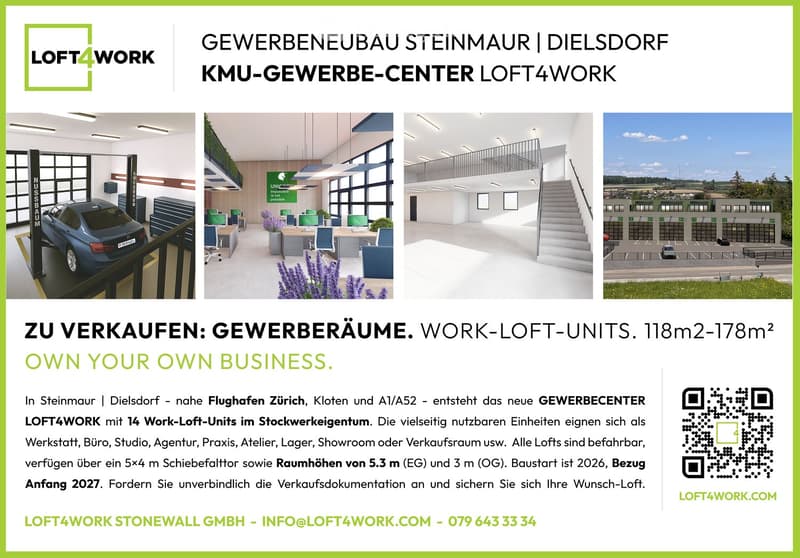 Commercial buildings for sale in Dielsdorf near Zurich airport, Kloten and A1/A52 with 14 lofts.