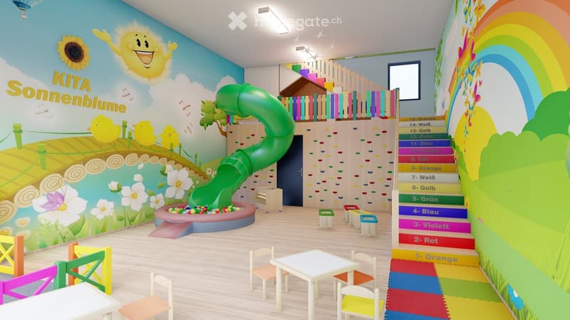 playroom with a green slide, climbing wall, colorful floors, chairs, tables