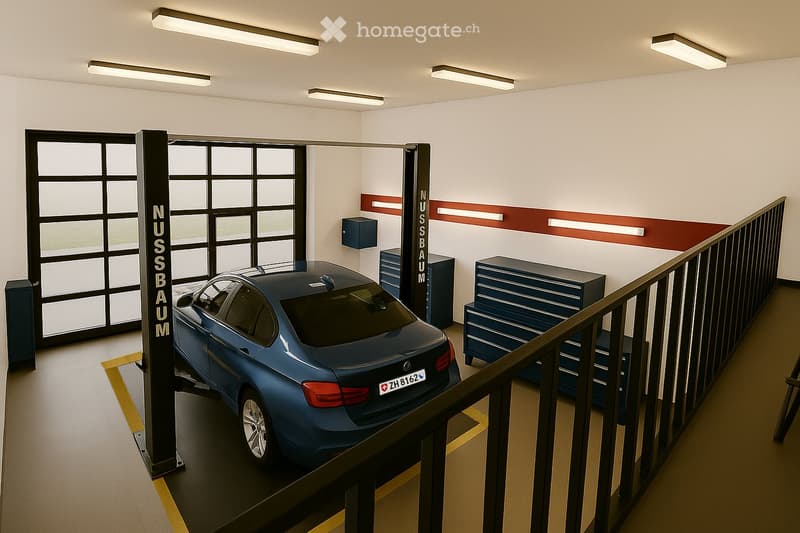underground garage, blue car, car hoist, overhead lighting, storage units, glass wall