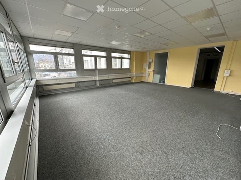 A carpeted room with yellow walls and large windows.