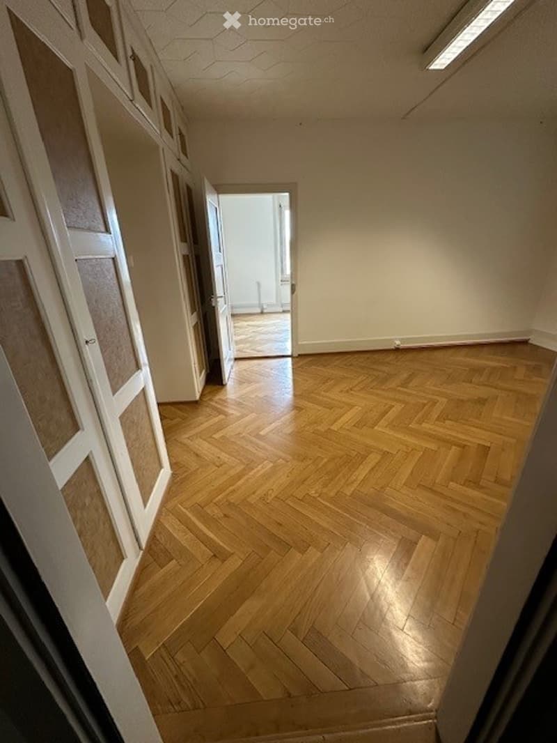 Empty room with parquet floors, white walls, open door leading to another room, large wardrobes