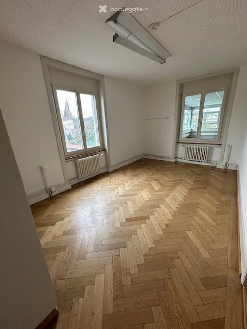 Spacious room with parquet floor, large windows, white walls, ceiling lights, white radiators