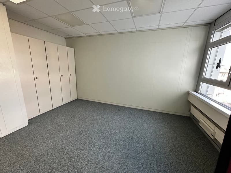 Empty room with white walls, grey carpet, built-in white wardrobes, and a large window with a view.