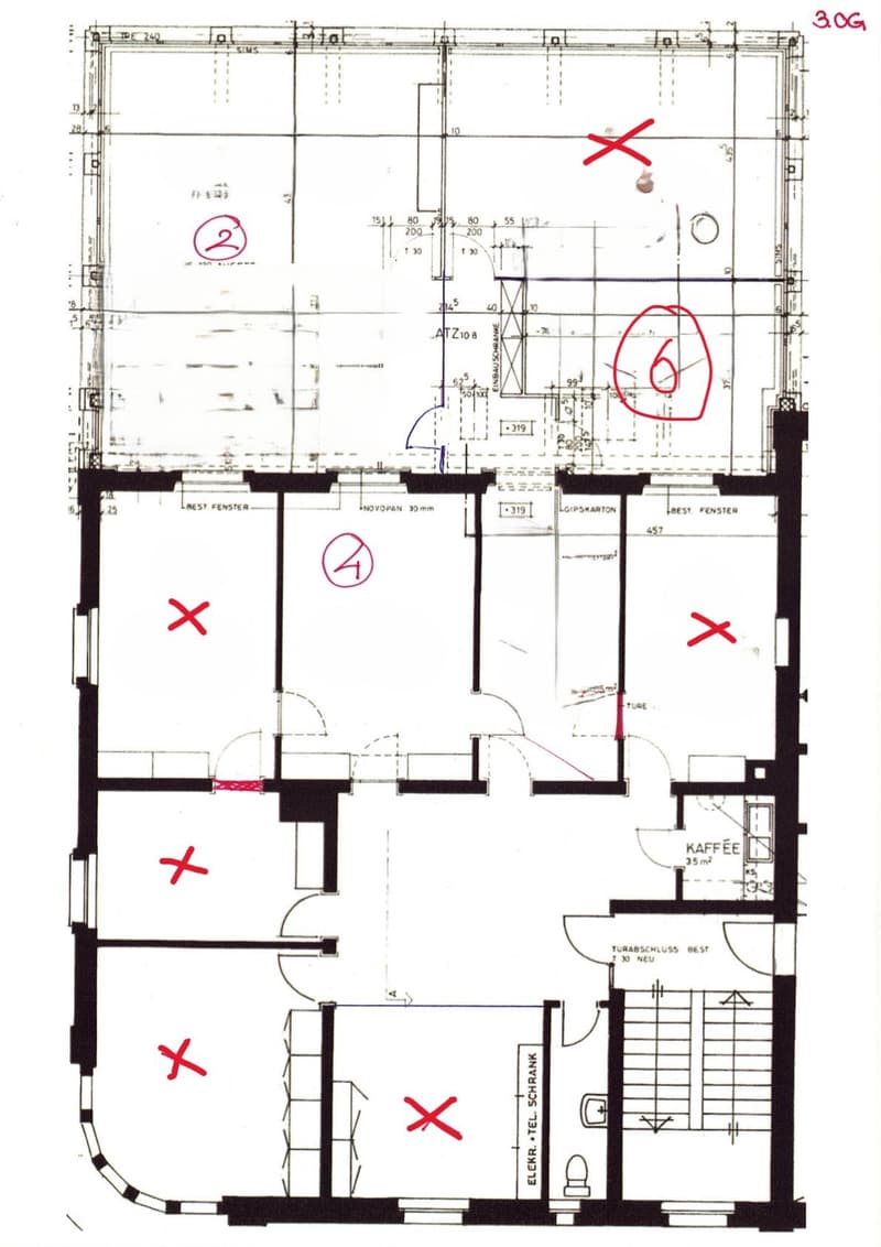 Floor plan of a 3rd floor showing multiple rooms including a kitchen, living area, bedrooms, and bathrooms. Marked with room numbers and dimensions.