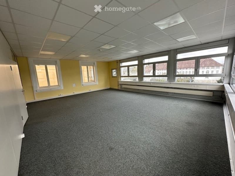 Office room with white ceiling, yellow walls, gray carpet, large windows, white doors.
