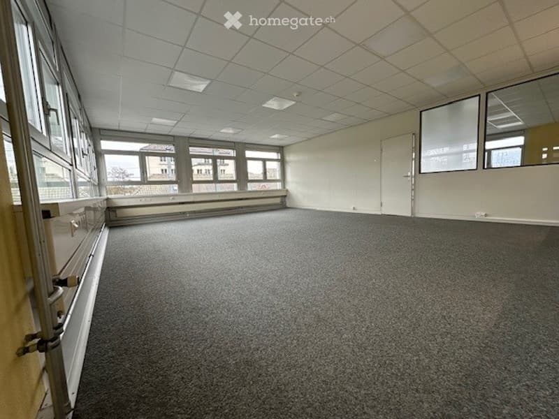 empty room, high ceiling, windows with views, gray carpet