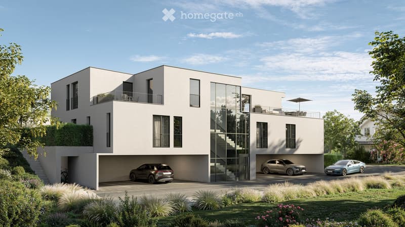 two-story white house, glass windows, multiple balconies, underground garage, three cars parked
