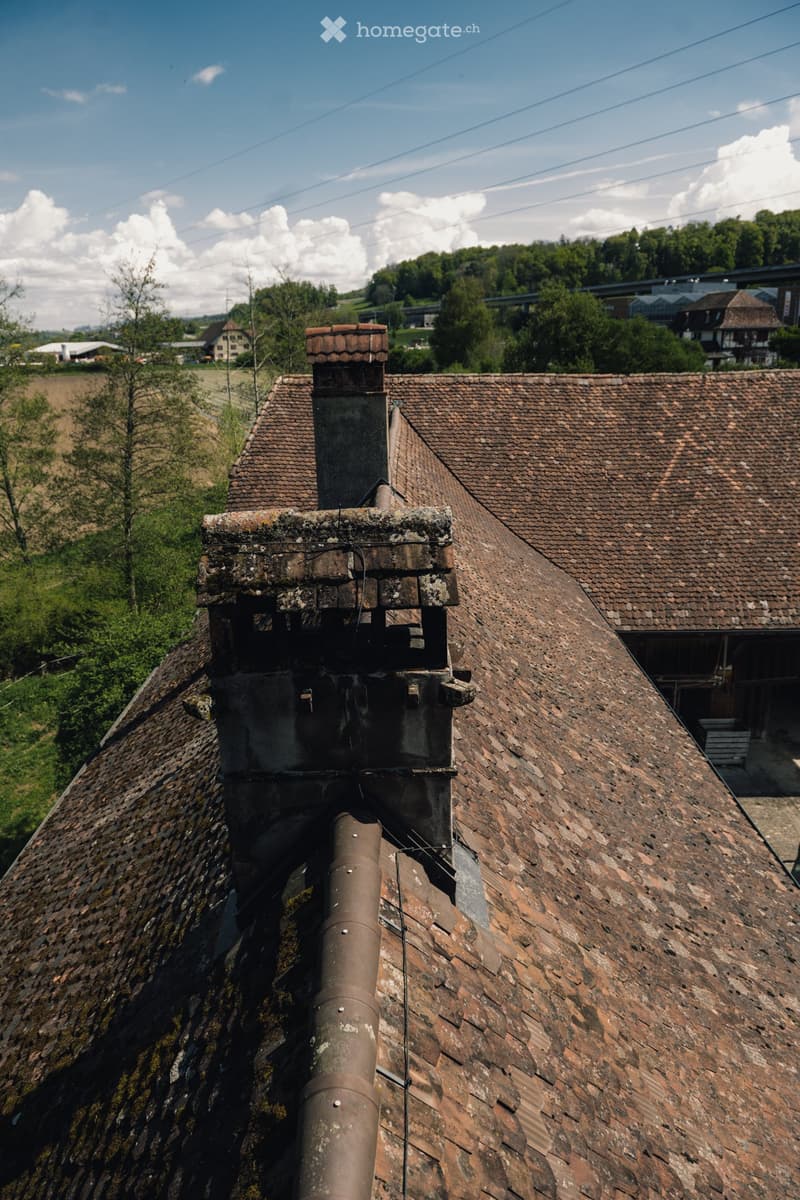 Old house with a tiled roof, chimney, and moss growth