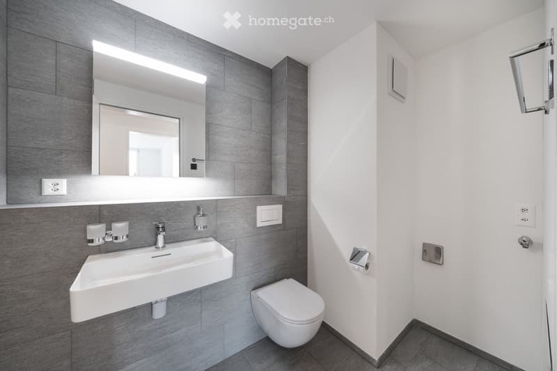 Gray tiled walls, modern fixtures, compact space, wall mounted sink, toilet, mirrors, outlets