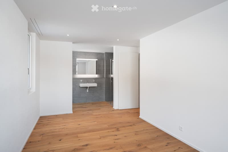 Empty room with white walls, wooden floors, white sink, mirror, power outlet, and gray tiles