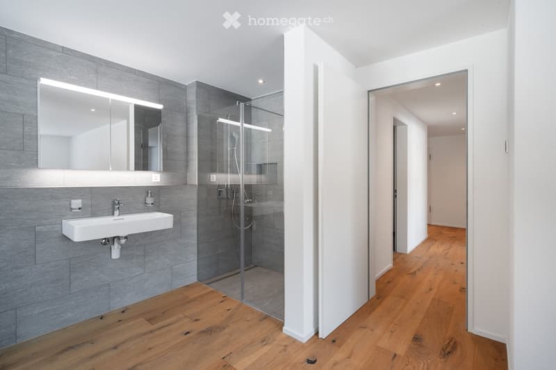 Modern bathroom with shower, large mirror, and wooden floor