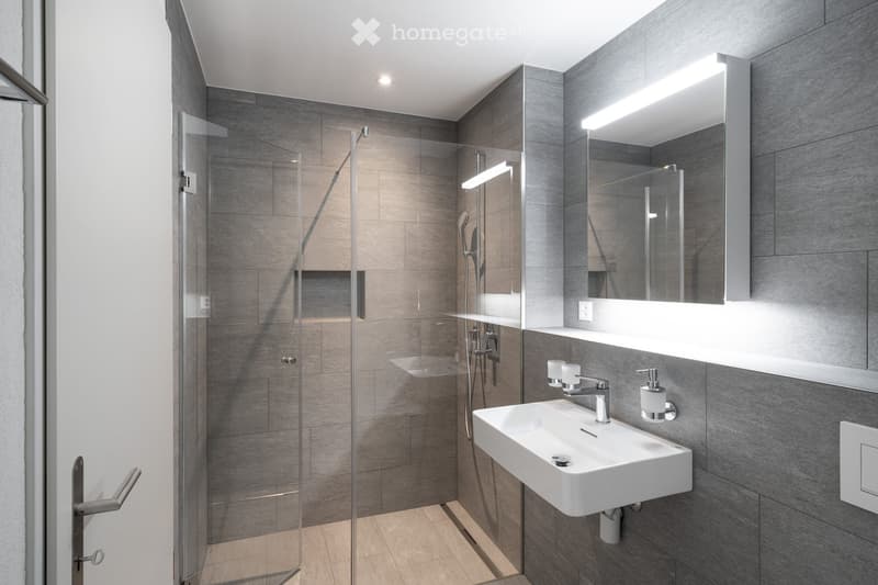 modern bathroom with walk-in shower, white sink, mirrors, and tiled walls