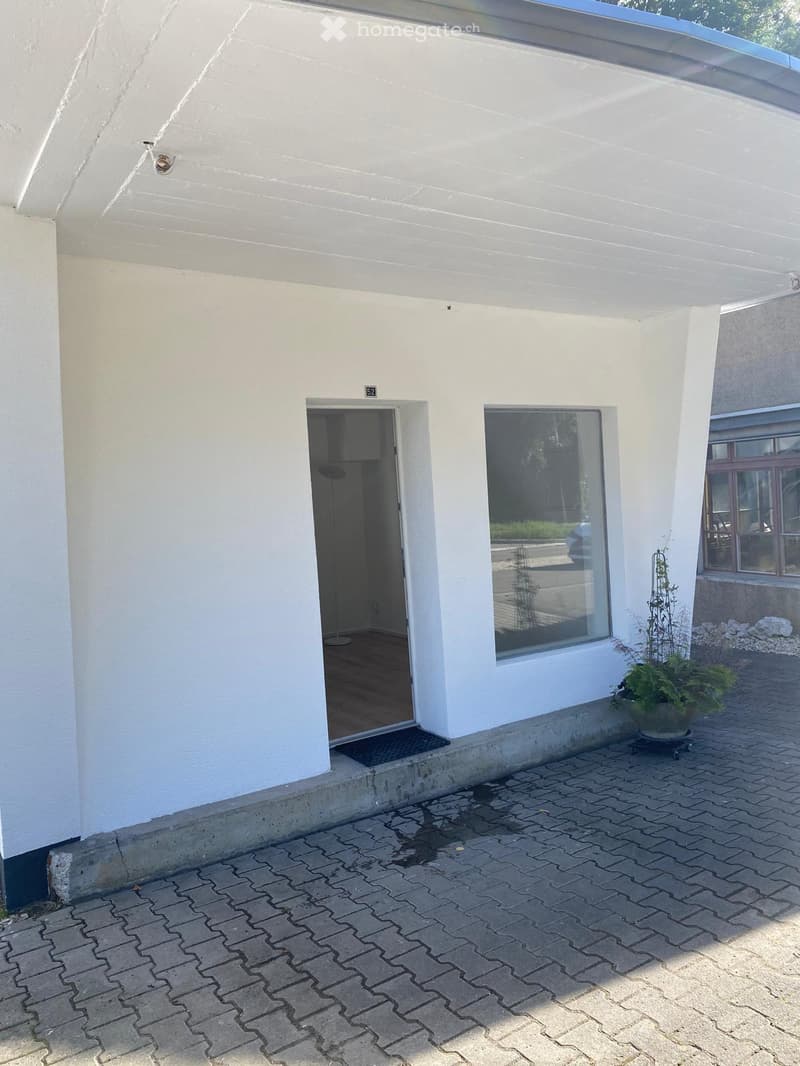 white exterior, brick flooring, open doorway, window, small plant