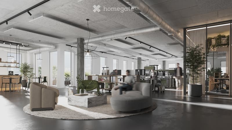 spacious open floor plan, desks, chairs, large windows, greenery, reading area, round coffee table, round rug, round couch