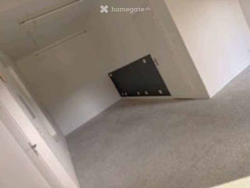 empty room with white walls, gray floor, closed door, lights on the ceiling