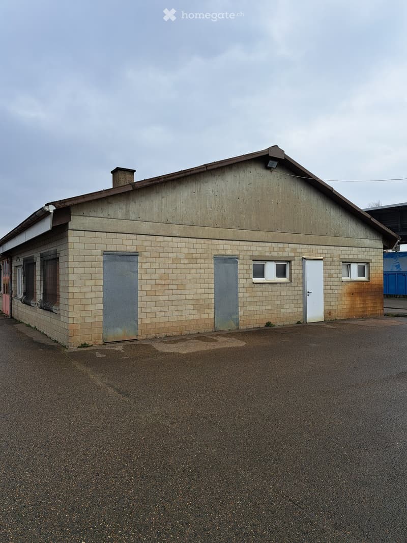 single-story building with brick walls, a flat roof, two large metal doors, one white door, several small windows, and an open parking lot in front