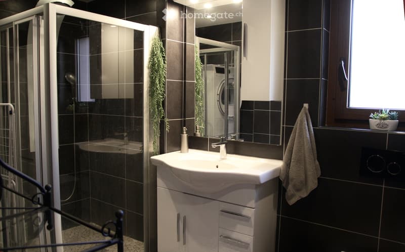 modern bathroom with white sink and shower, black tiles, towel rack with towel, plant on the window sill, washing machine behind mirror