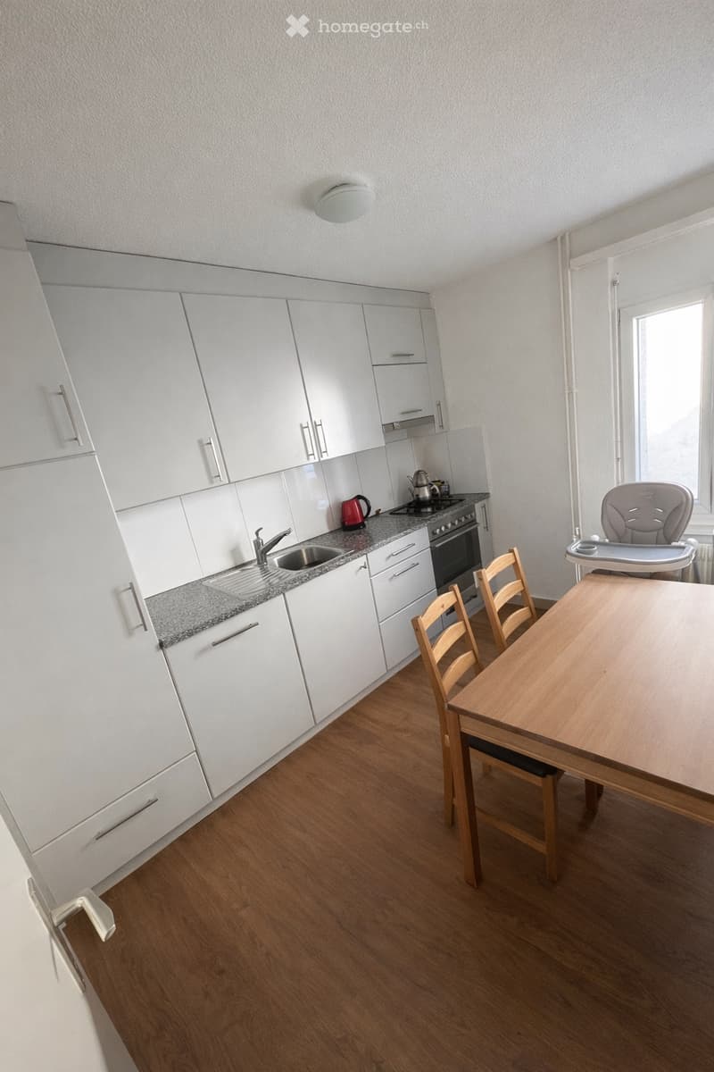White kitchen, modern design, granite countertop, dishwasher, private washing machine, 2 chairs, wooden table, kitchen appliances