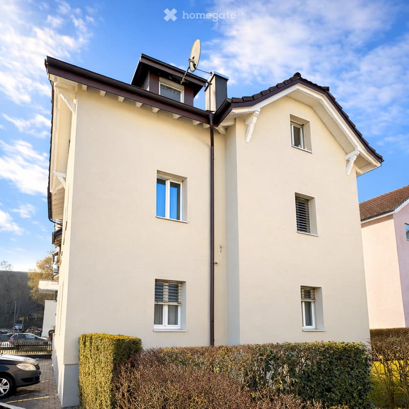 Raised ground floor, beige house, brown roof, satellite dish, windows with shutters, hedges
