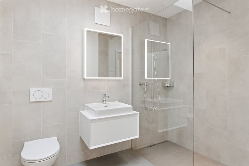 Modern bathroom with white tiles, a white sink, a mirror, and a toilet. The shower area is enclosed with a glass door.