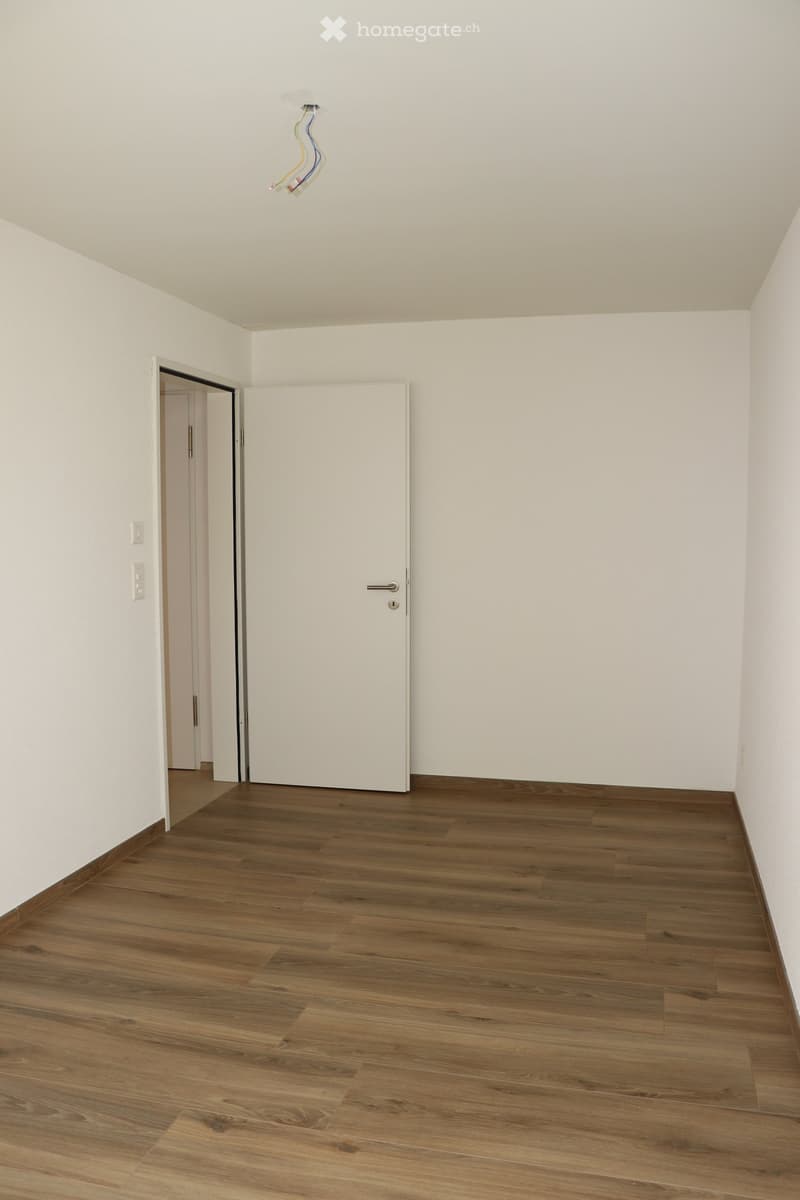 white walls, wooden floor, white door, switches, light cables