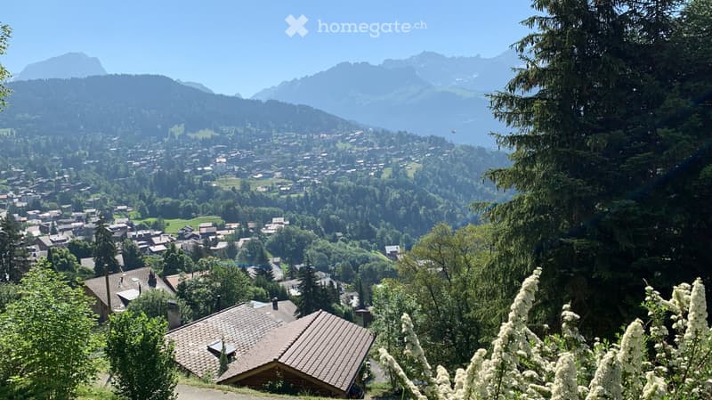 house on hillside, surrounding mountains, trees, town visible