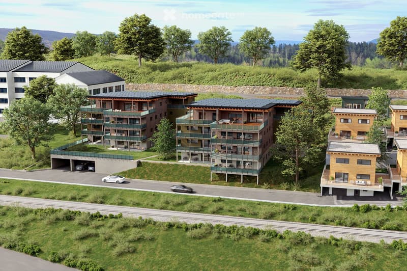 Complex with 6 residential buildings, parking, garages, green roofs, balconies, and a hilly landscape