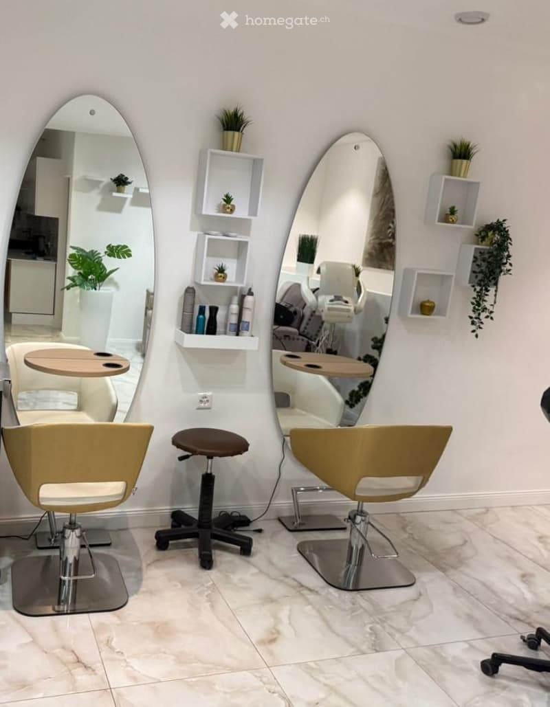 Salon chair, mirror, table, plant, tiled floor, shelf with plants