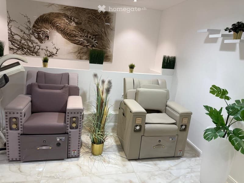 Two high-end salon chairs, a large wall painting of a tiger, decorative plants, elegant white and marble flooring.