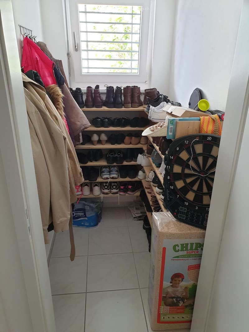 walk-in closet with shelves, shoes, toys, and other objects