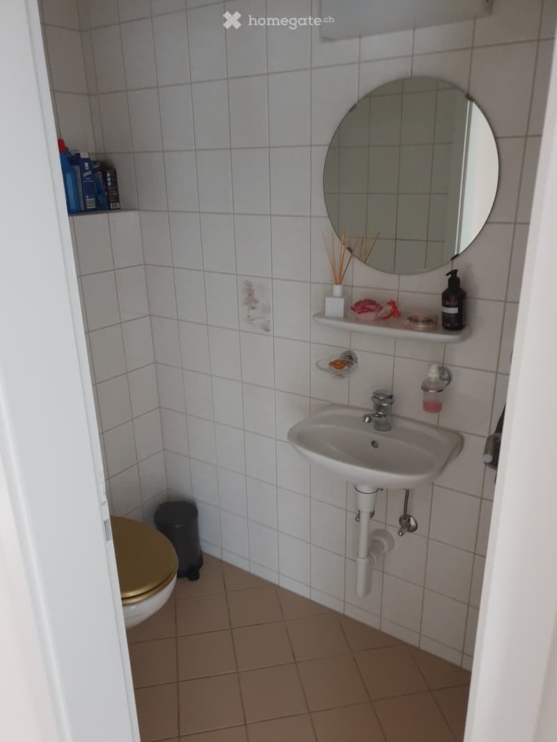 white tiles, mirror, white sink, toilet