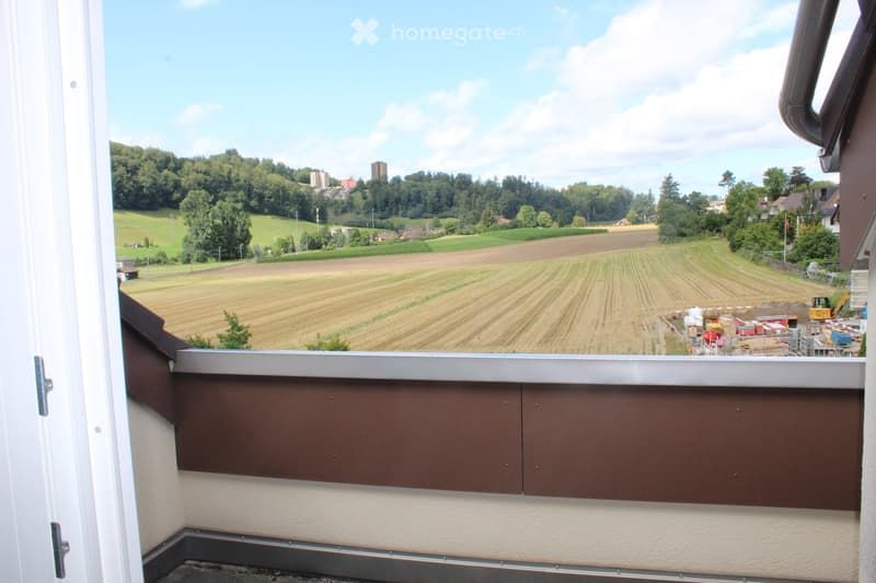 An exterior view from a balcony with a scenic view of a farmland, surrounded by trees and a distant village