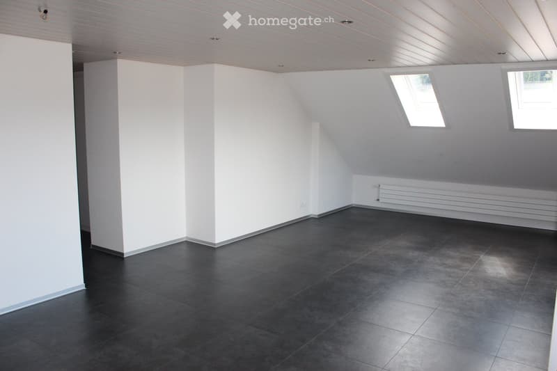 Empty room with white walls, black tile flooring, and two windows