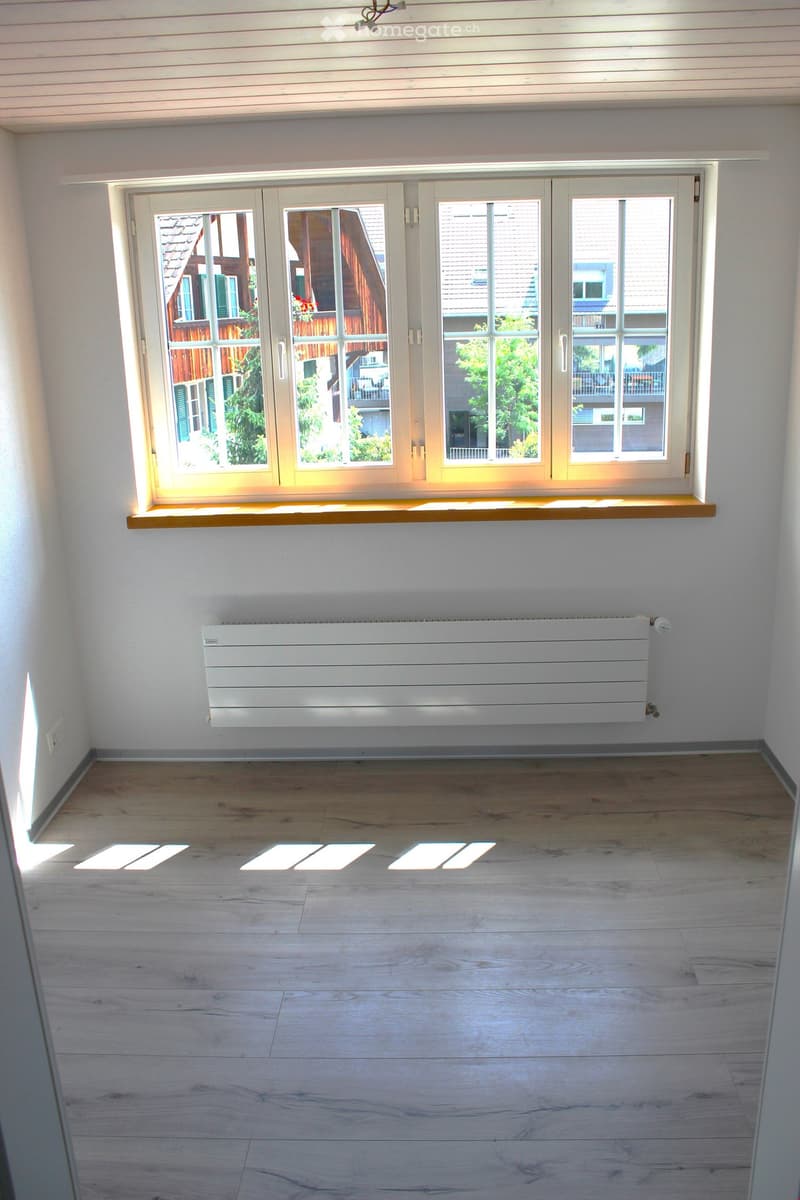white walls, wooden floor, double doors window, wall-mounted heater