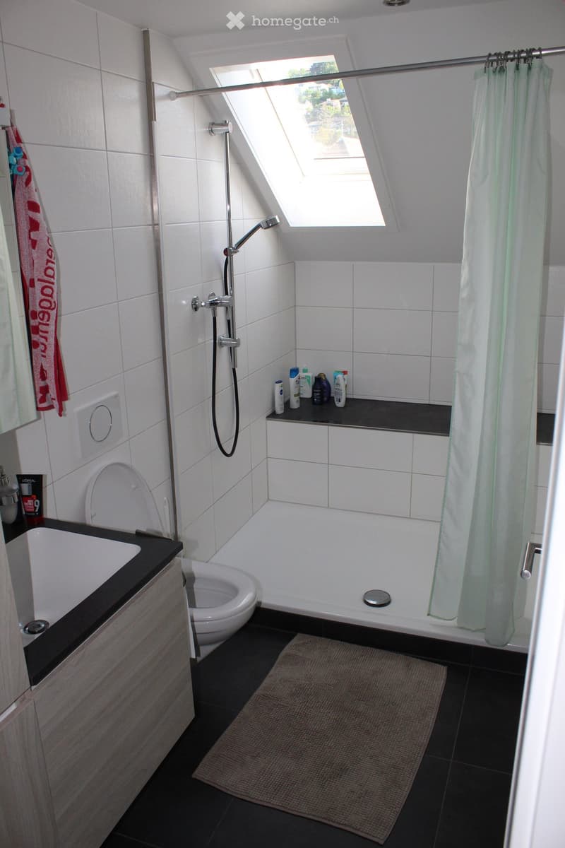 Compact bathroom with white tiles, small shower with glass door, sink, toilet, skylight window, shower accessories shelf, mat, no visible features in the image.