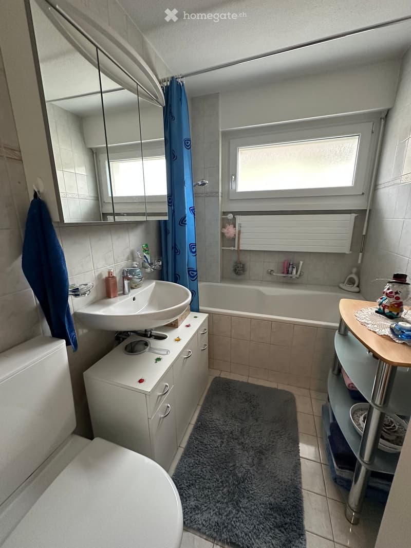 modern bathroom, white tiles, bathtub, white vanity, sink, white cabinets, white toilet, shower curtain, towel racks, shower head, towels, and storage shelves