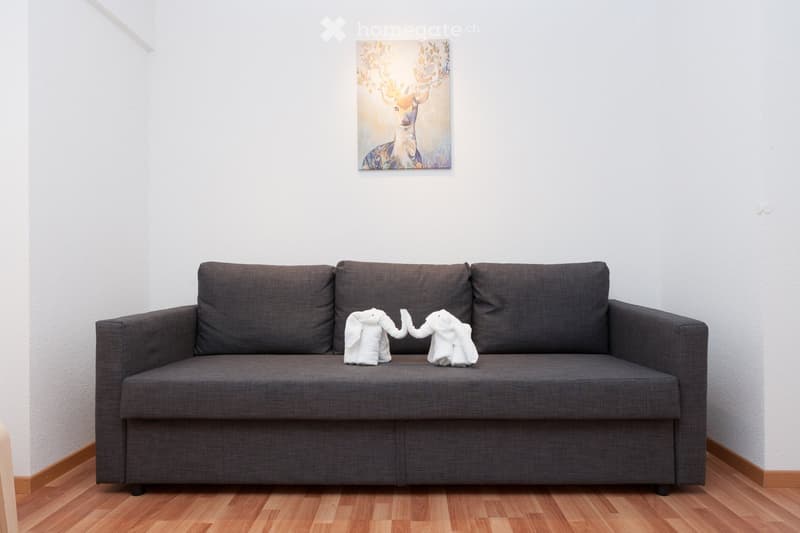 Living room with sofa, two elephant figures, artwork on wall, hardwood floor, clean and minimalist decor