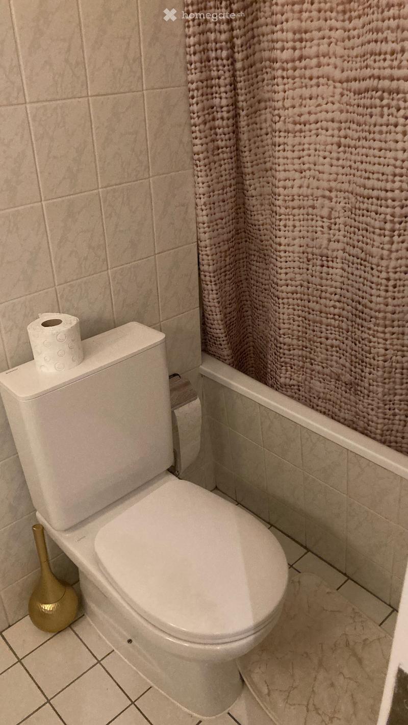 Bathroom with toilet, bathtub, and shower curtain