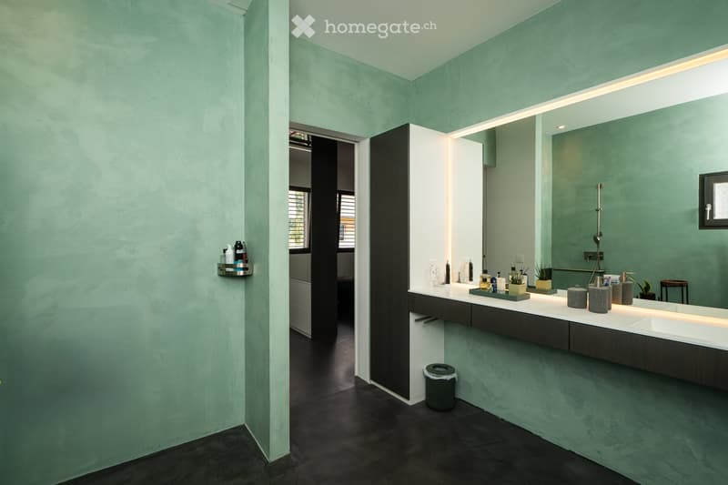 Bathroom with green walls, large mirror, double sink, shower area, trash bin, shelves with toiletries