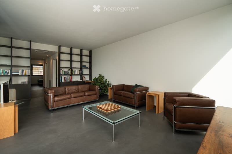 modern living room with brown leather sofas, glass coffee table, wooden side tables, bookshelves, chess board, plant