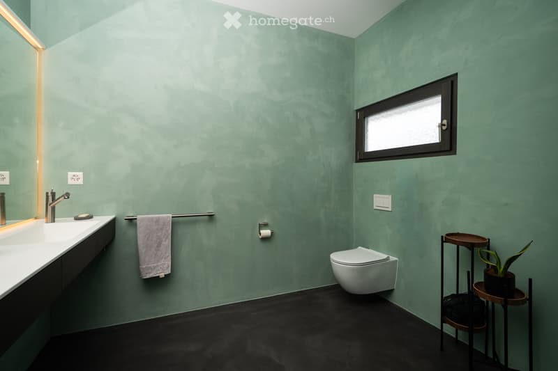 Bathroom with green walls, white toilet, sink, mirror, towel rack, plant, and power outlet.