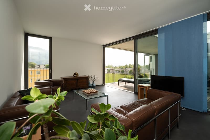 modern living room, brown leather couches, glass coffee table, large windows, balcony, chess board, plants, TV